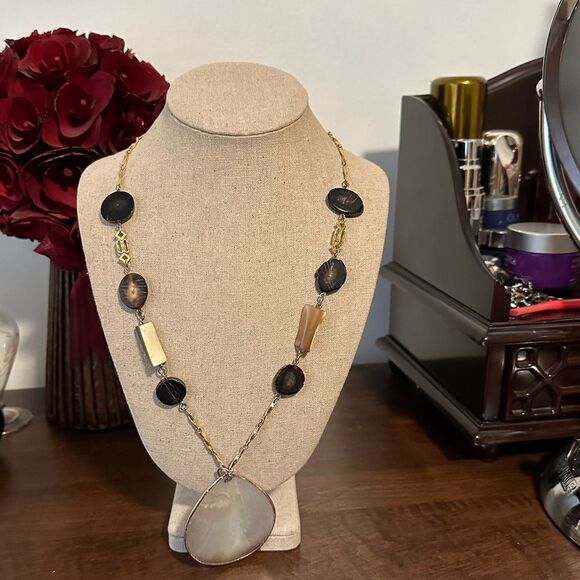 Vintage Hobe Signed Natural Shell & Polished Wood Shell Chain Necklace 1960s VTG - Picture 1 of 3